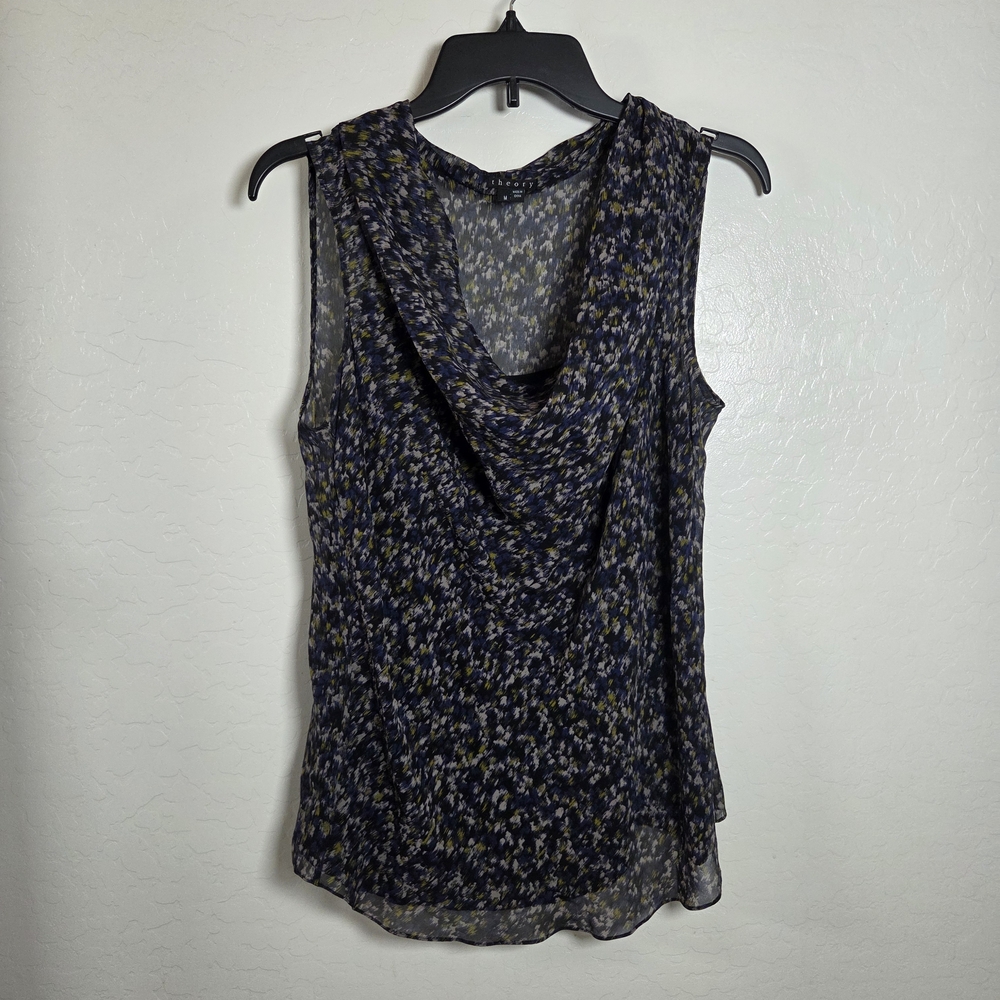 Theory Drape Neck Floral Blouse - Black and Blue